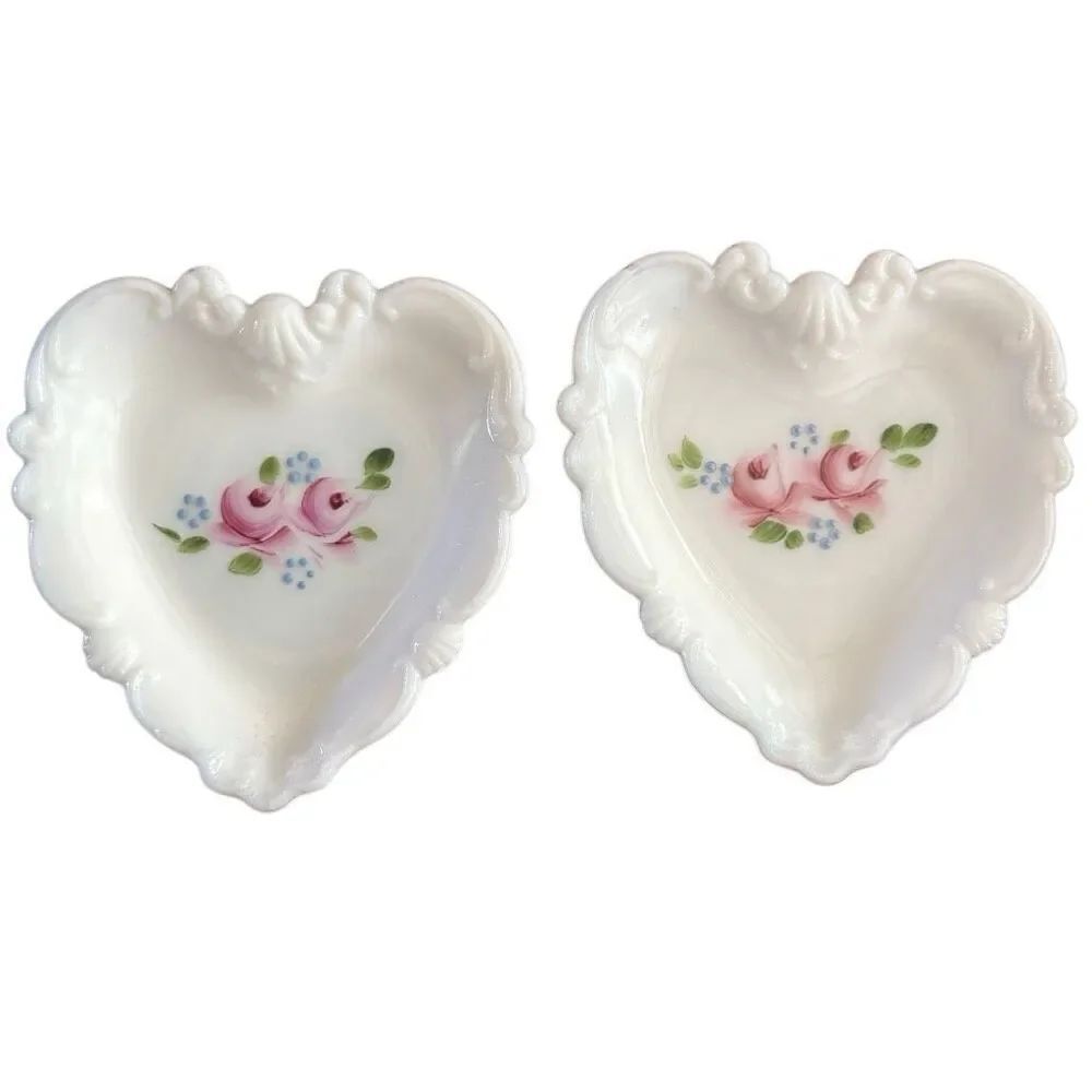 2 Vintage Hand Painted Heart Shaped Milk Glass Trinket Trays